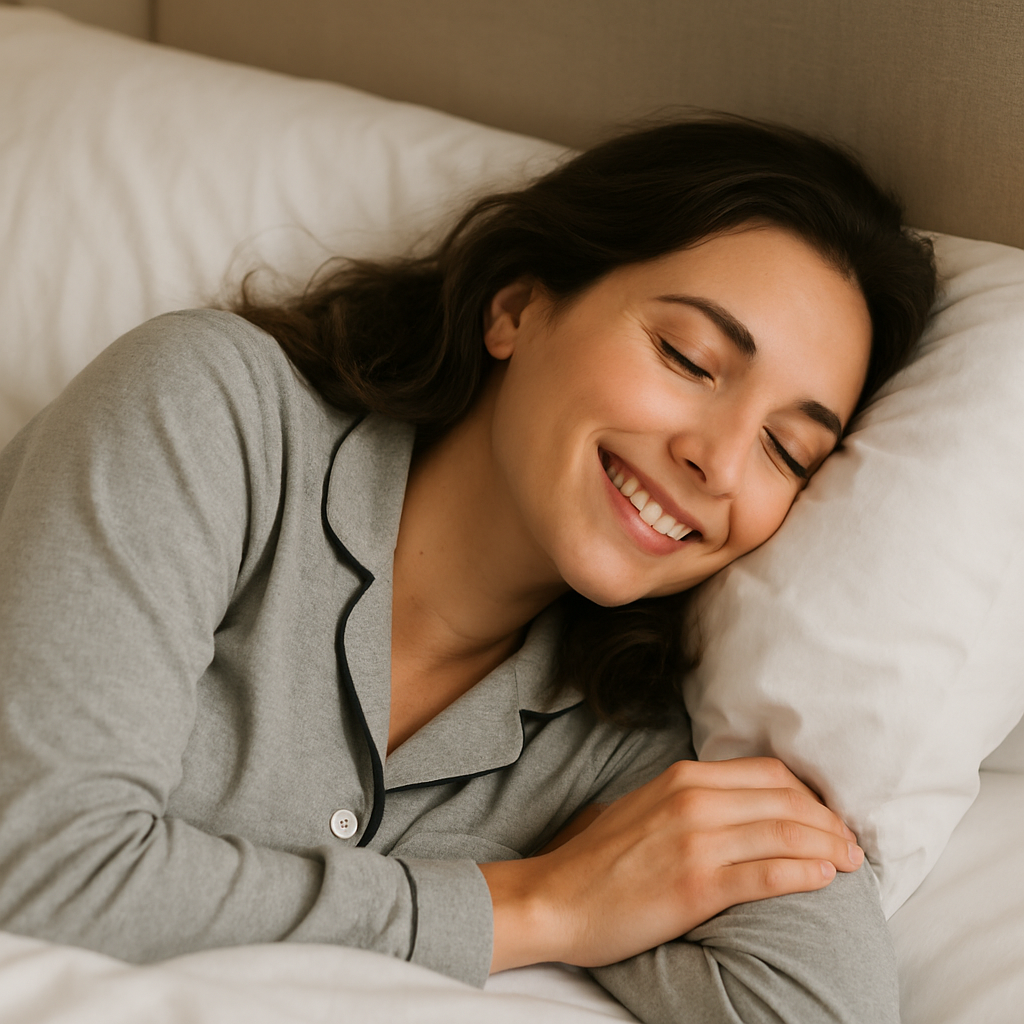 A woman sleeping on the bed wearing sleepwear with smile on her face