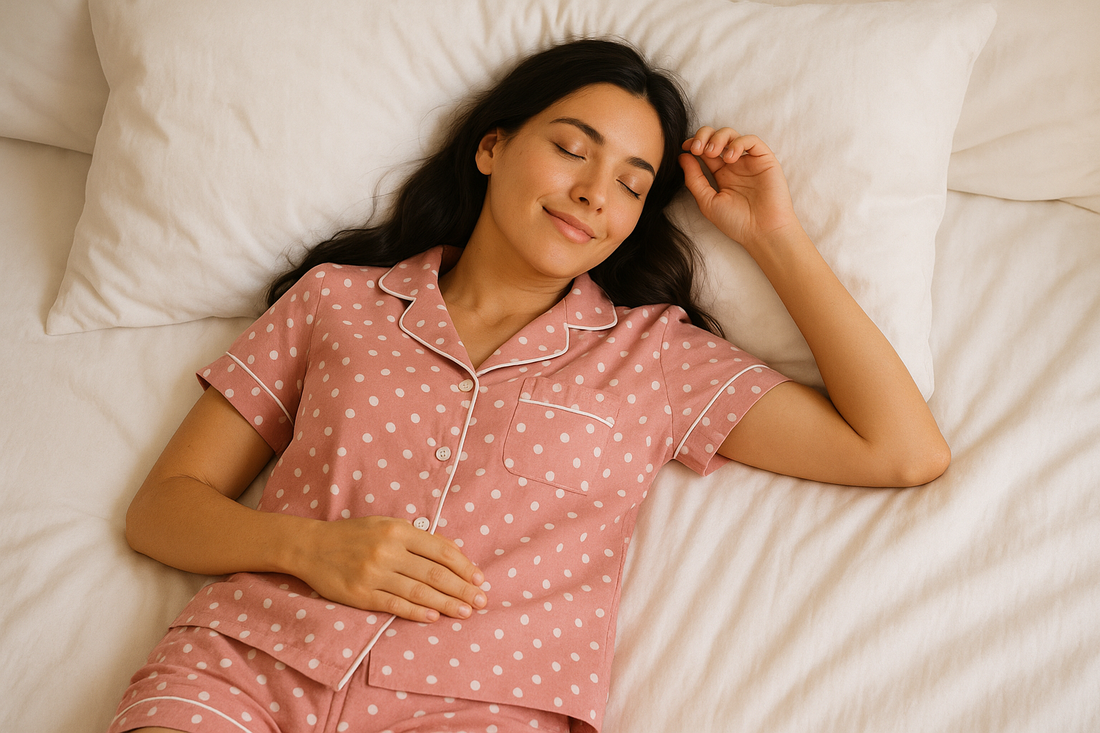 A woman wearling pink sleepwear lying on bed with smile