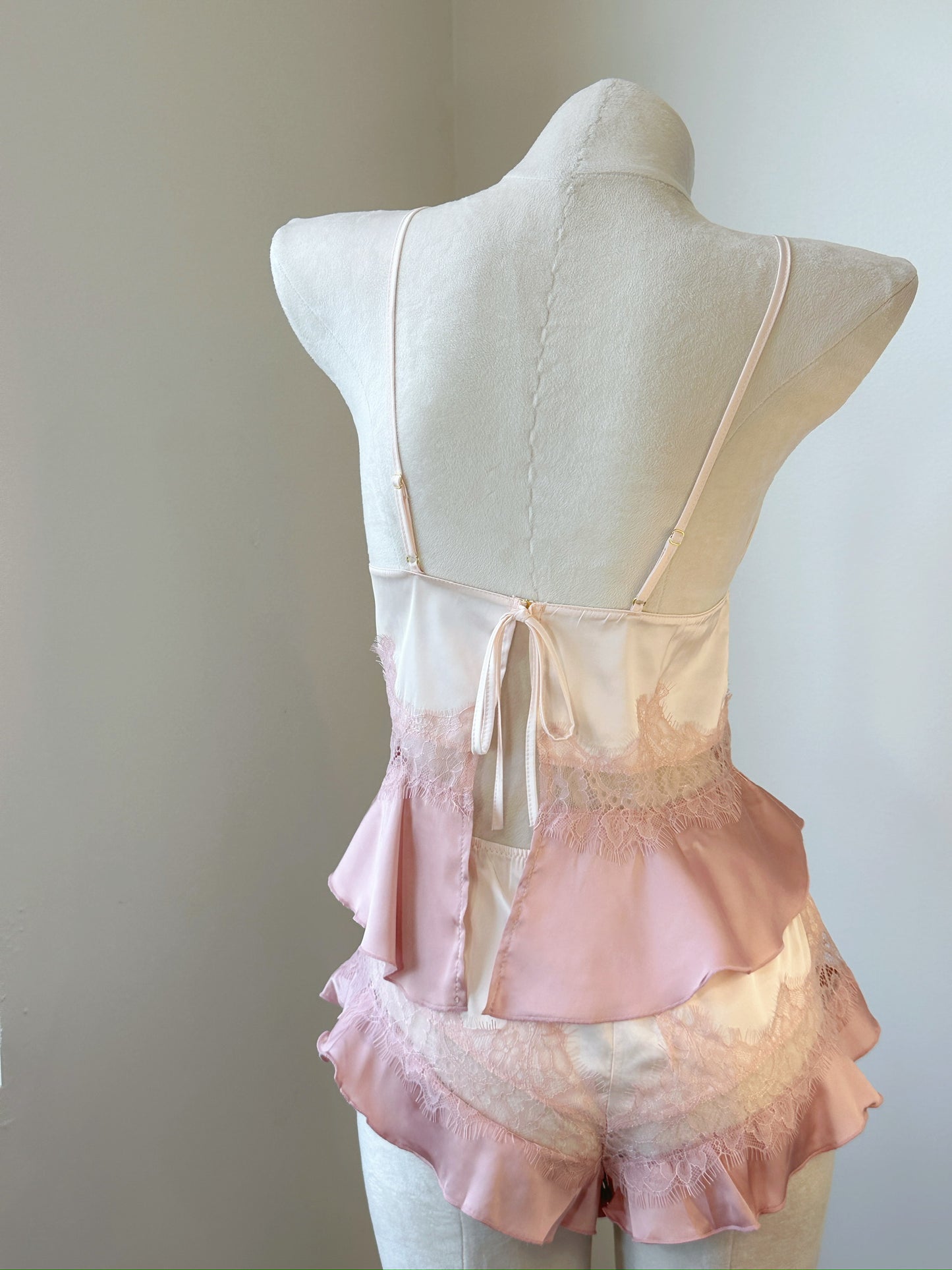 Soft Satin Lace Babydoll Set - Peach Petal
