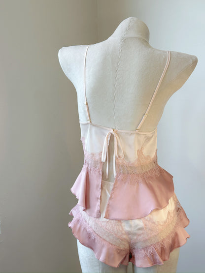 Soft Satin Lace Babydoll Set - Peach Petal