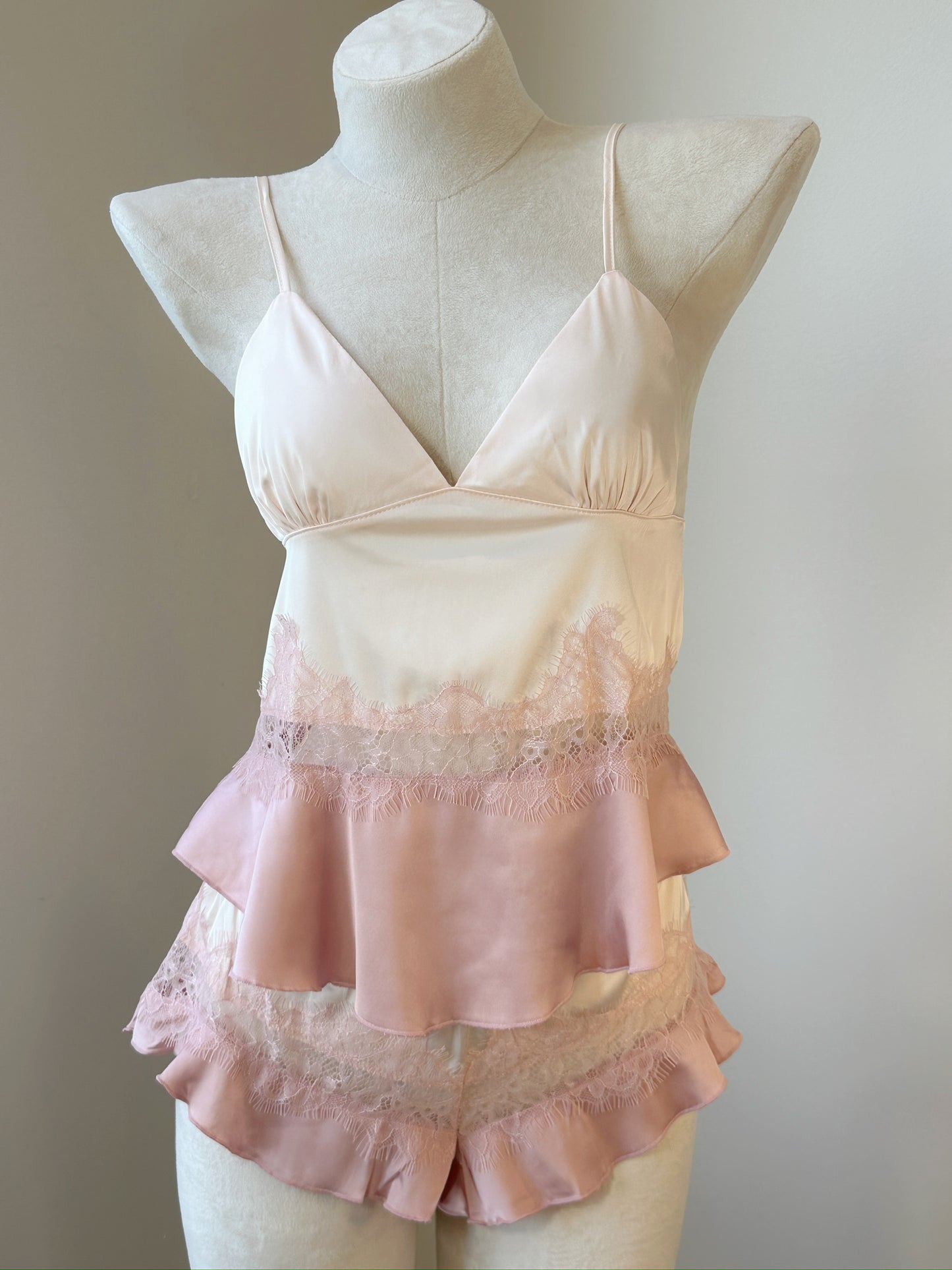 Soft Satin Lace Babydoll Set - Peach Petal