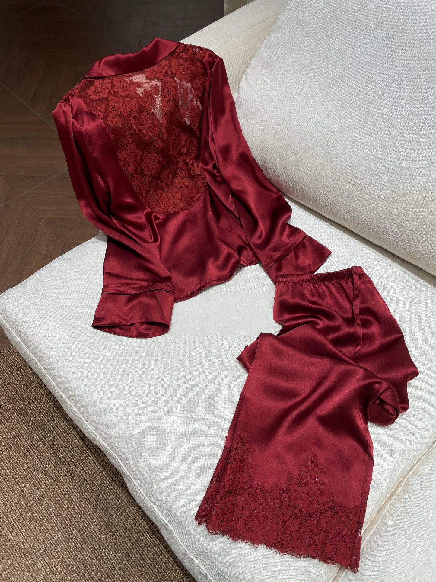 Crimson Lace Silk Pajama Set