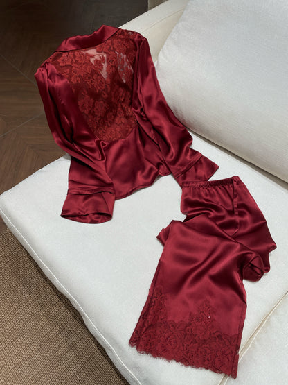 Crimson Lace Silk Pajama Set