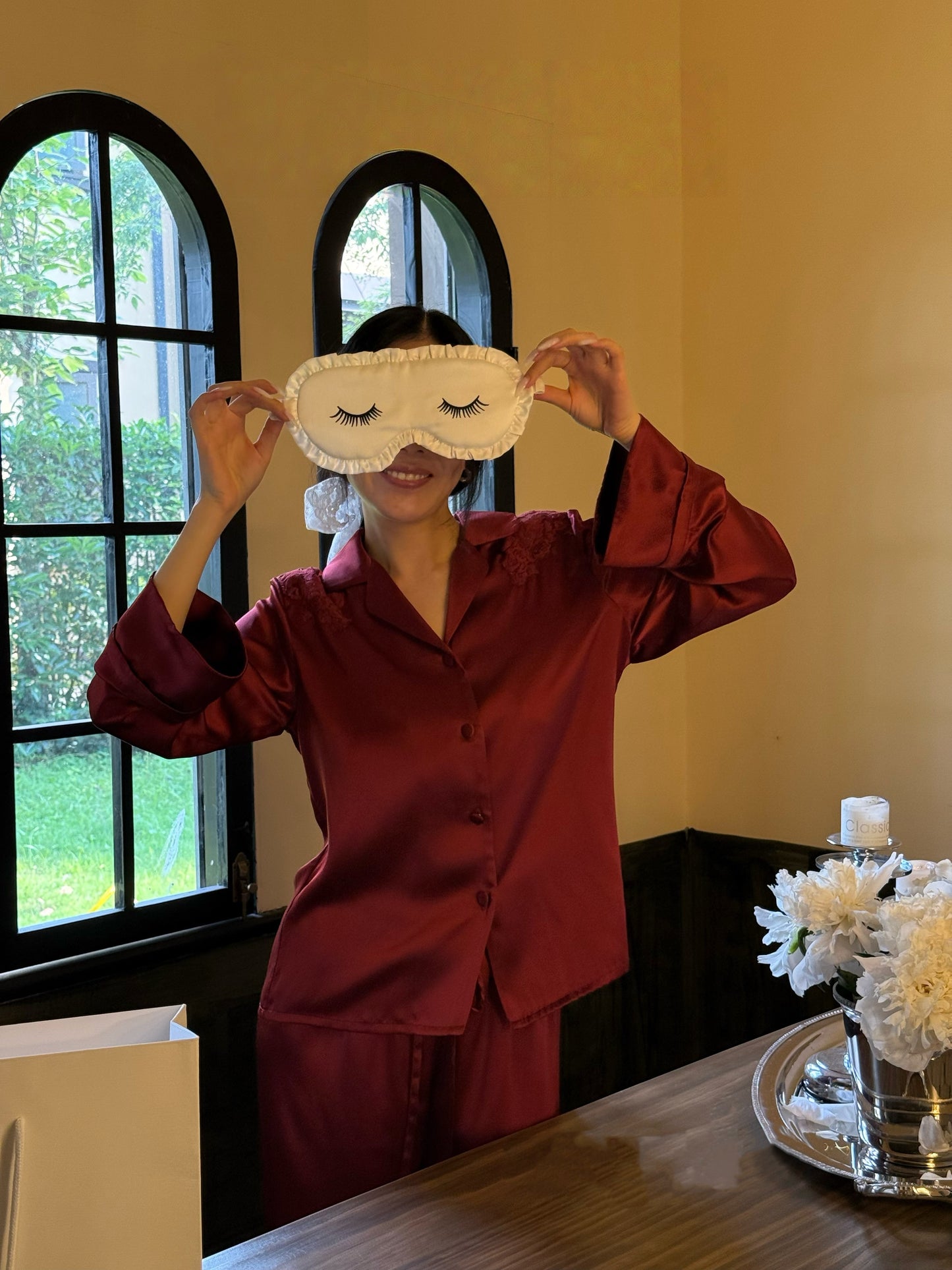 Crimson Lace Silk Pajama Set