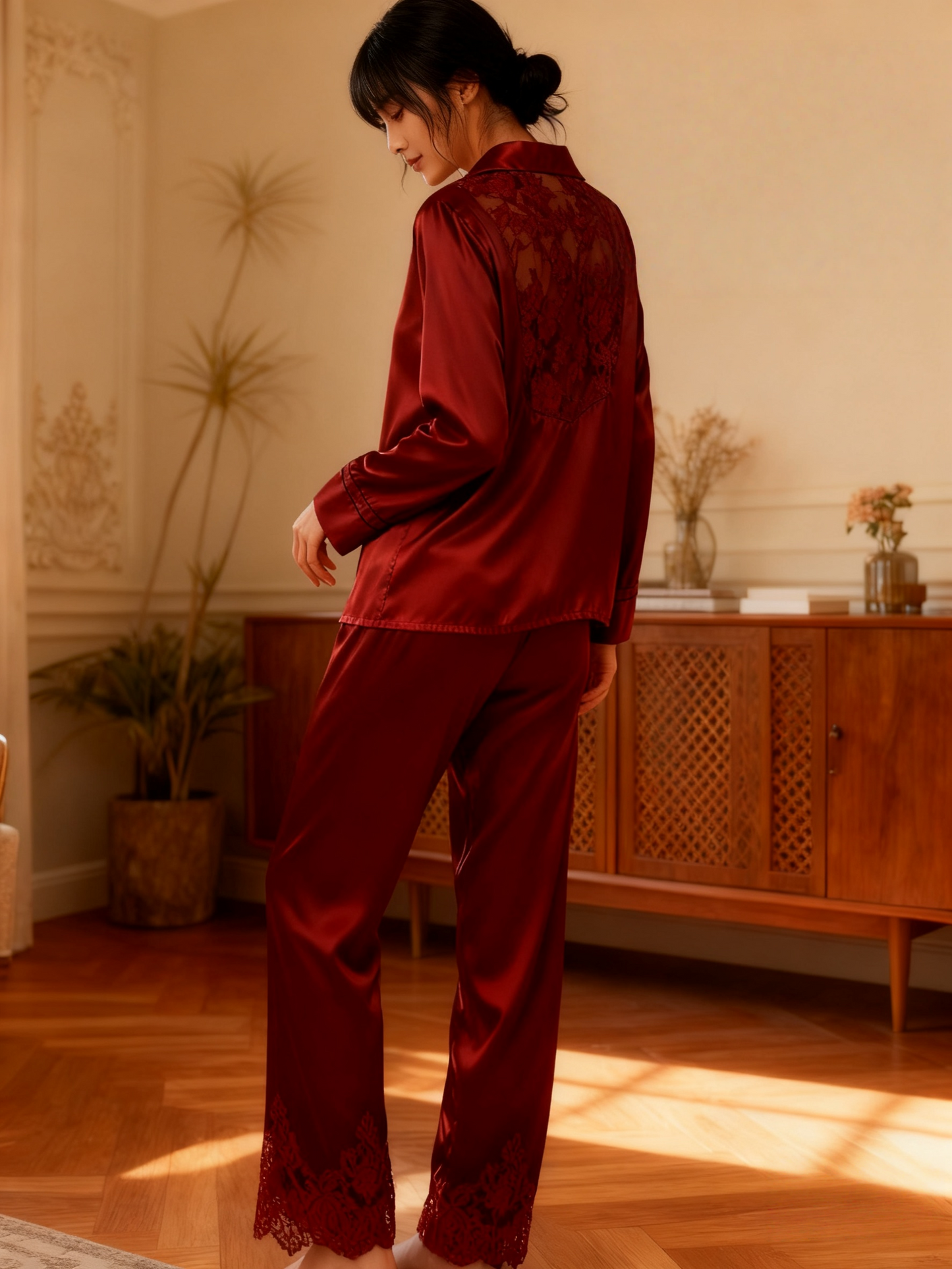Crimson Lace Silk Pajama Set