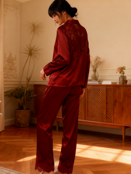Crimson Lace Silk Pajama Set