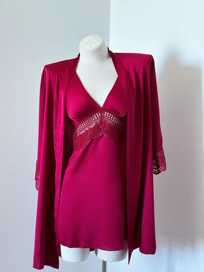 Crimson Reverie Lace Satin Nightdress