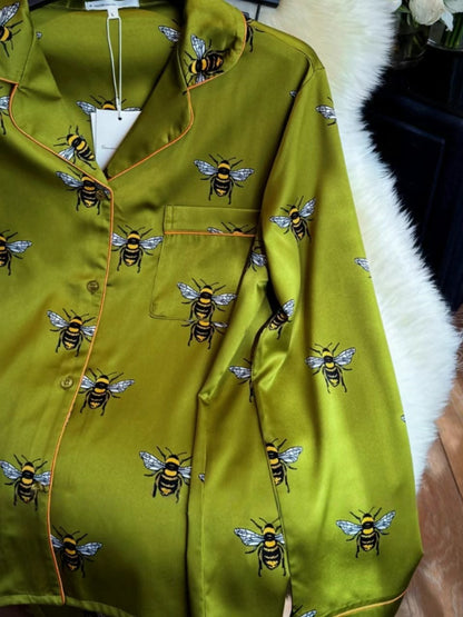 Satin Pyjama Set - Olive Honeybee
