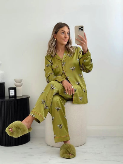 Satin Pyjama Set - Olive Honeybee