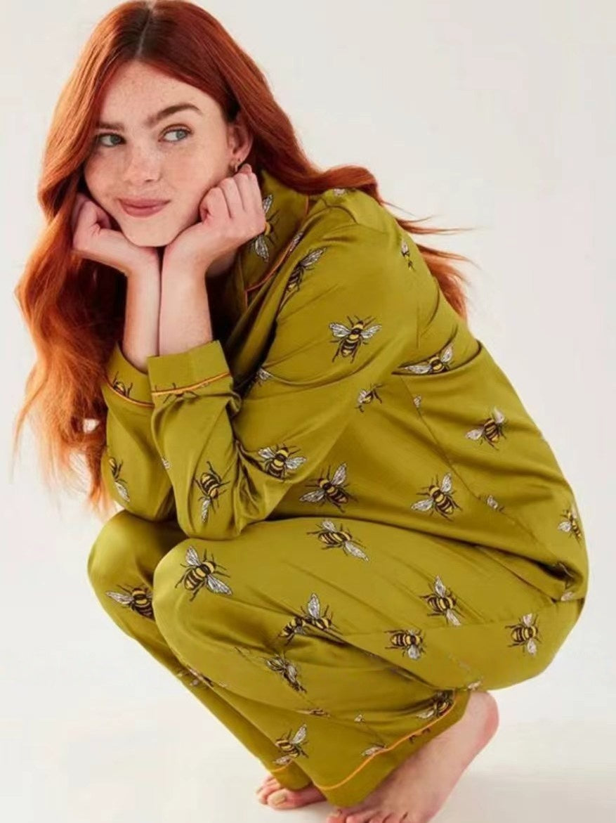 Satin Pyjama Set - Olive Honeybee