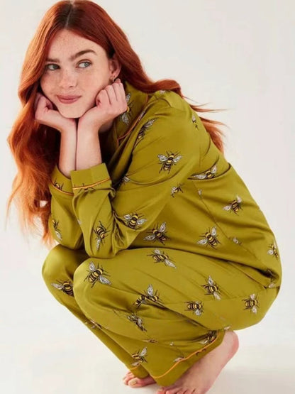 Satin Pyjama Set - Olive Honeybee
