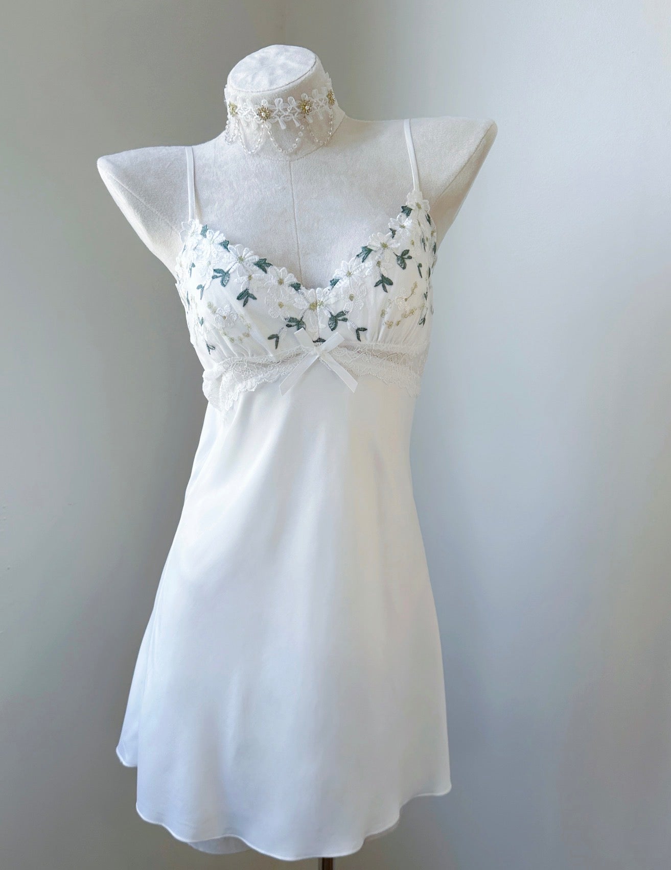 Satin Daisy Embroidery Slip Nightgown - Whispers of Daisy