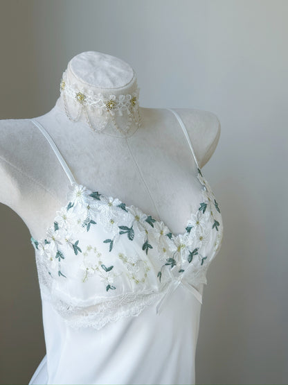 Satin Daisy Embroidery Slip Nightgown - Whispers of Daisy