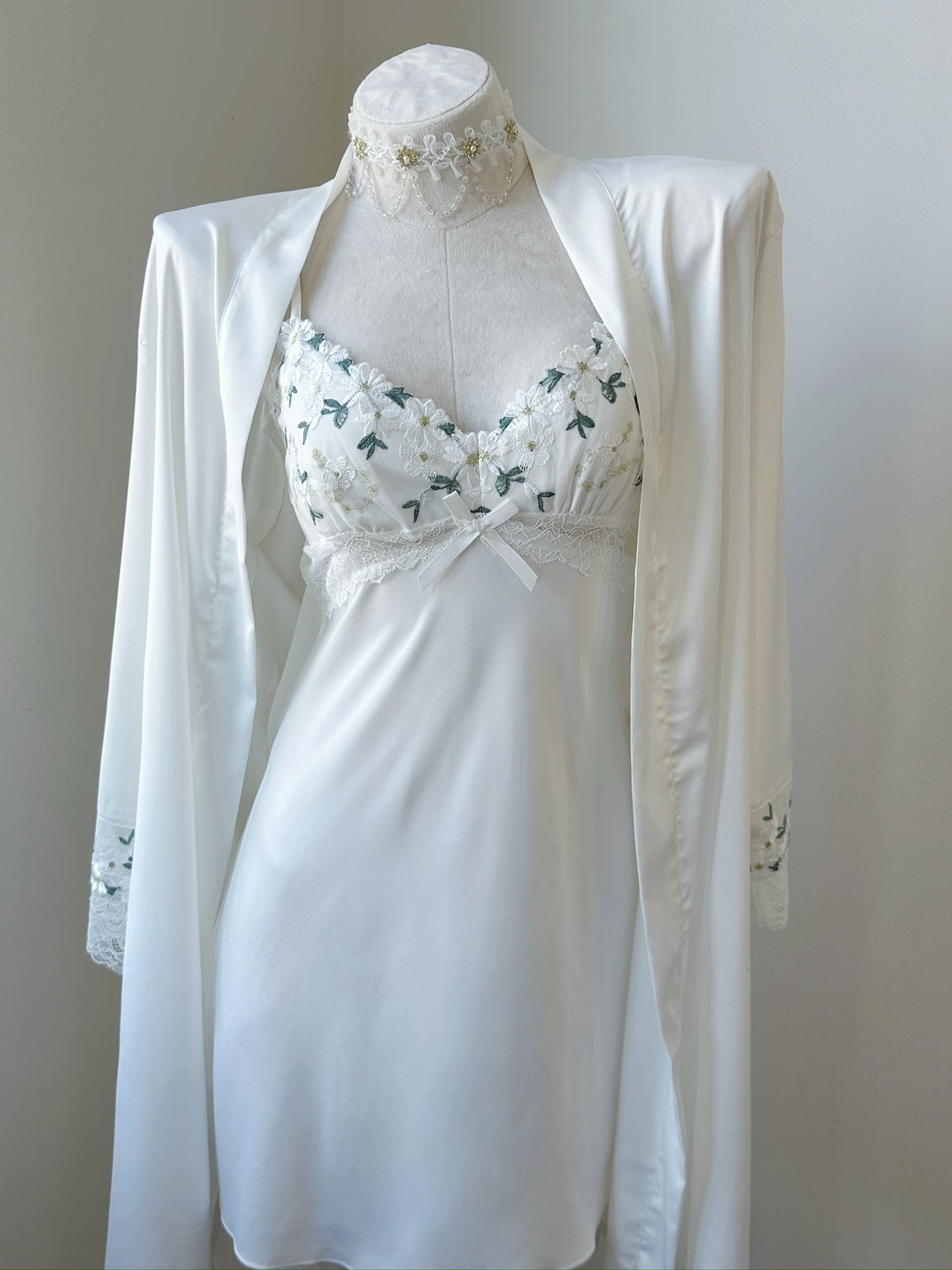 Satin Daisy Embroidery Slip Nightgown - Whispers of Daisy
