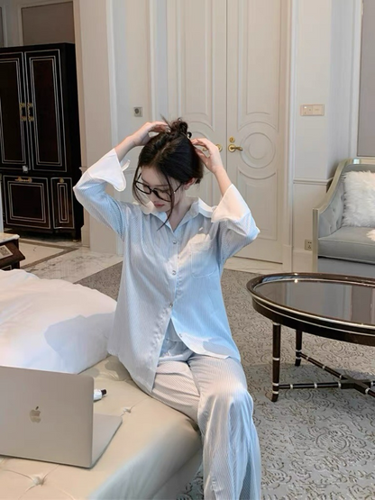 Satin Stripe Lace Trim Pyjama Set - Morning Ease