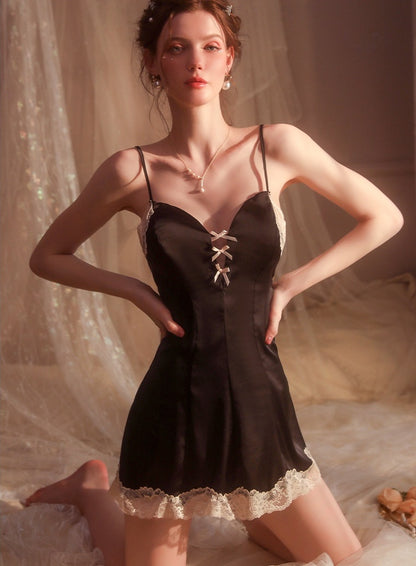 Noir Ribbon Lace Slip Dress