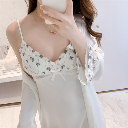 Satin Daisy Embroidery Slip Nightgown - Whispers of Daisy