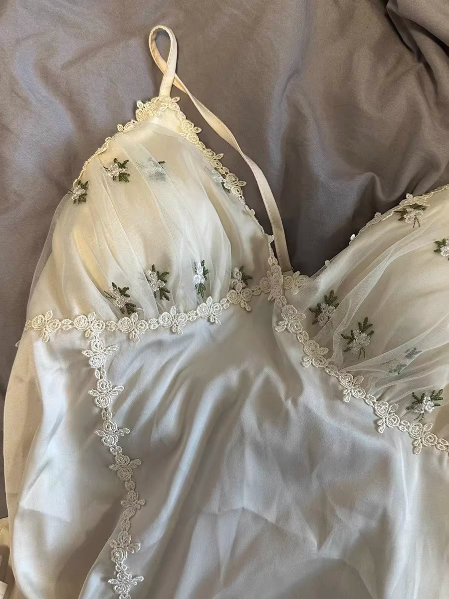 Satin Lace Trim Slip Nightgown - Golden Hour Muse