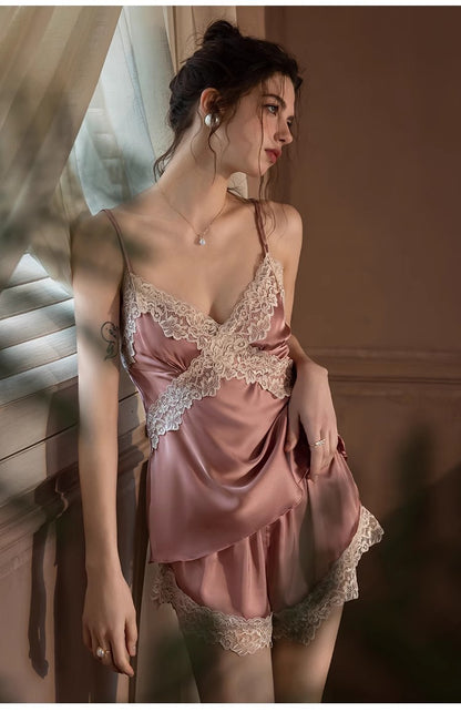Satin Lace Trim Cami Set - Rosewood Glow