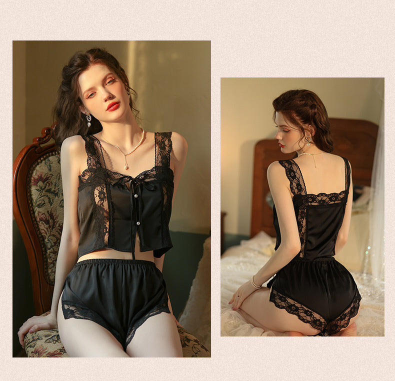 Satin Lace Trim Cami Top & Shorts Set - Soft Muse