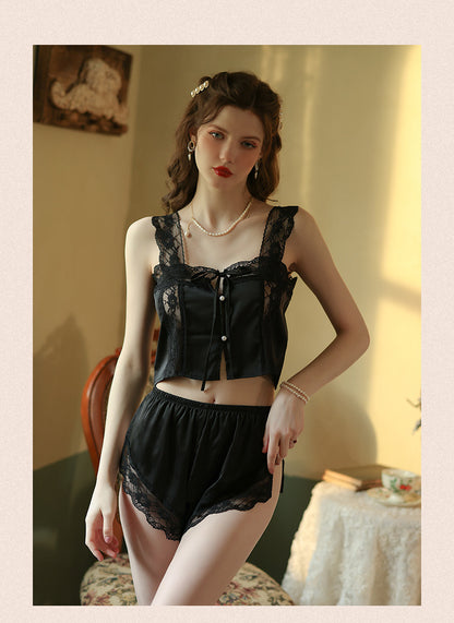Satin Lace Trim Cami Top & Shorts Set - Soft Muse