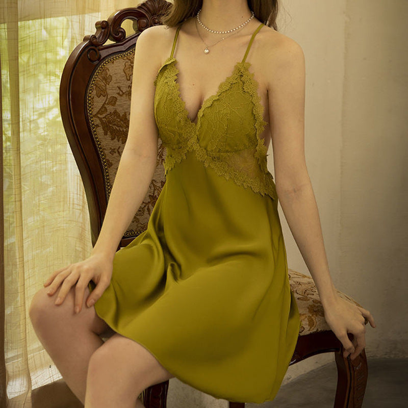 Satin Lace Trim Slip Nightgown - Olive Whisper