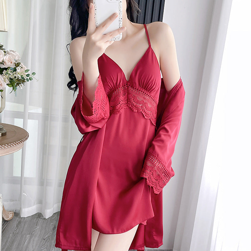 Crimson Reverie Lace Satin Nightdress