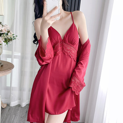 Crimson Reverie Lace Satin Nightdress