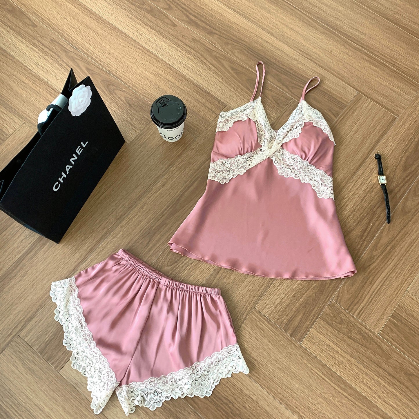 Satin Lace Trim Cami Set - Rosewood Glow